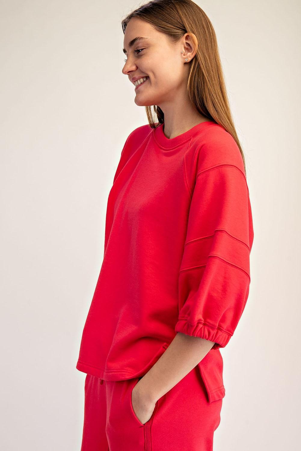 French Terry Bubbled Half Sleeve Top - Candy Red