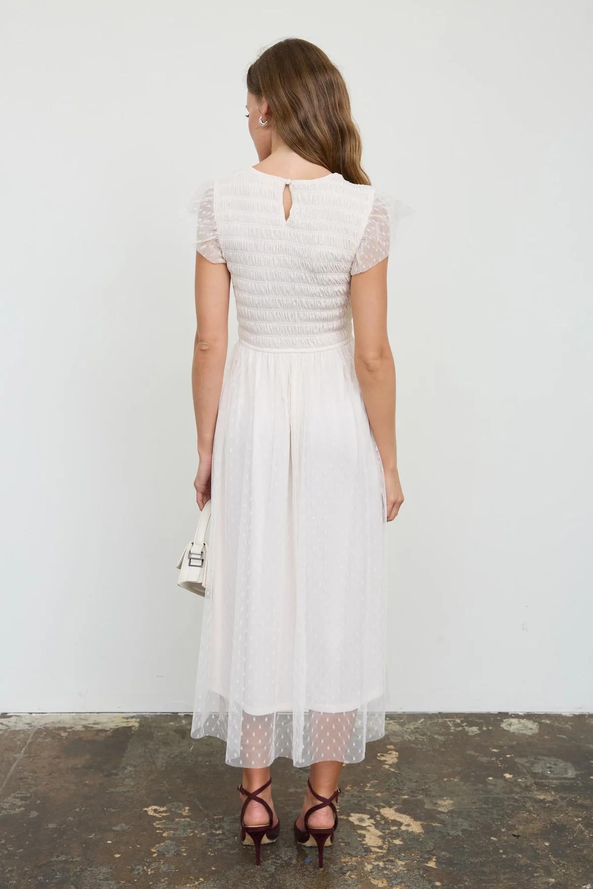 NATURAL POLKA DOT CHIFFON SMOCKED MIDI DRESS