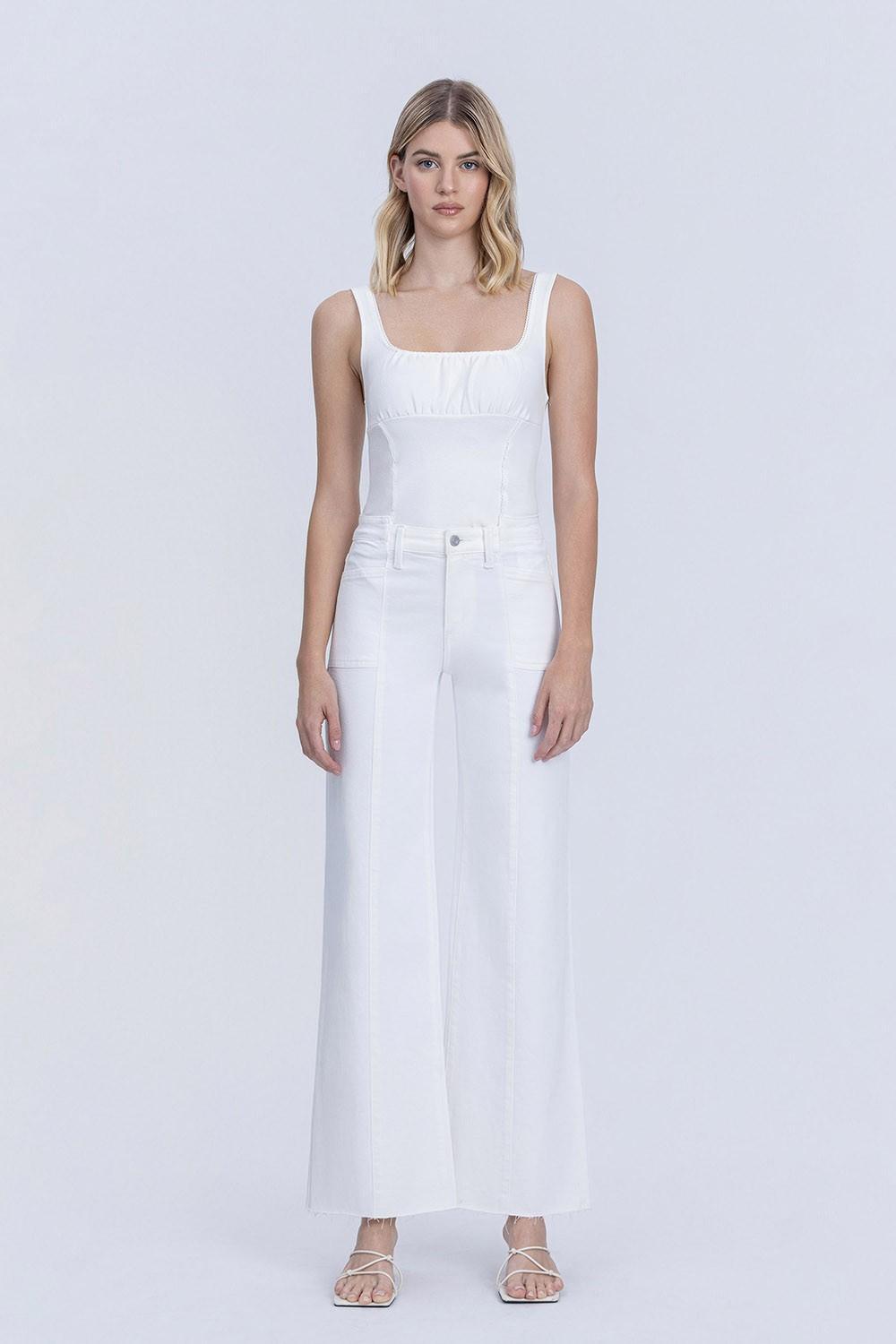 High Rise Stacked Waistband Optic White Wide Jeans