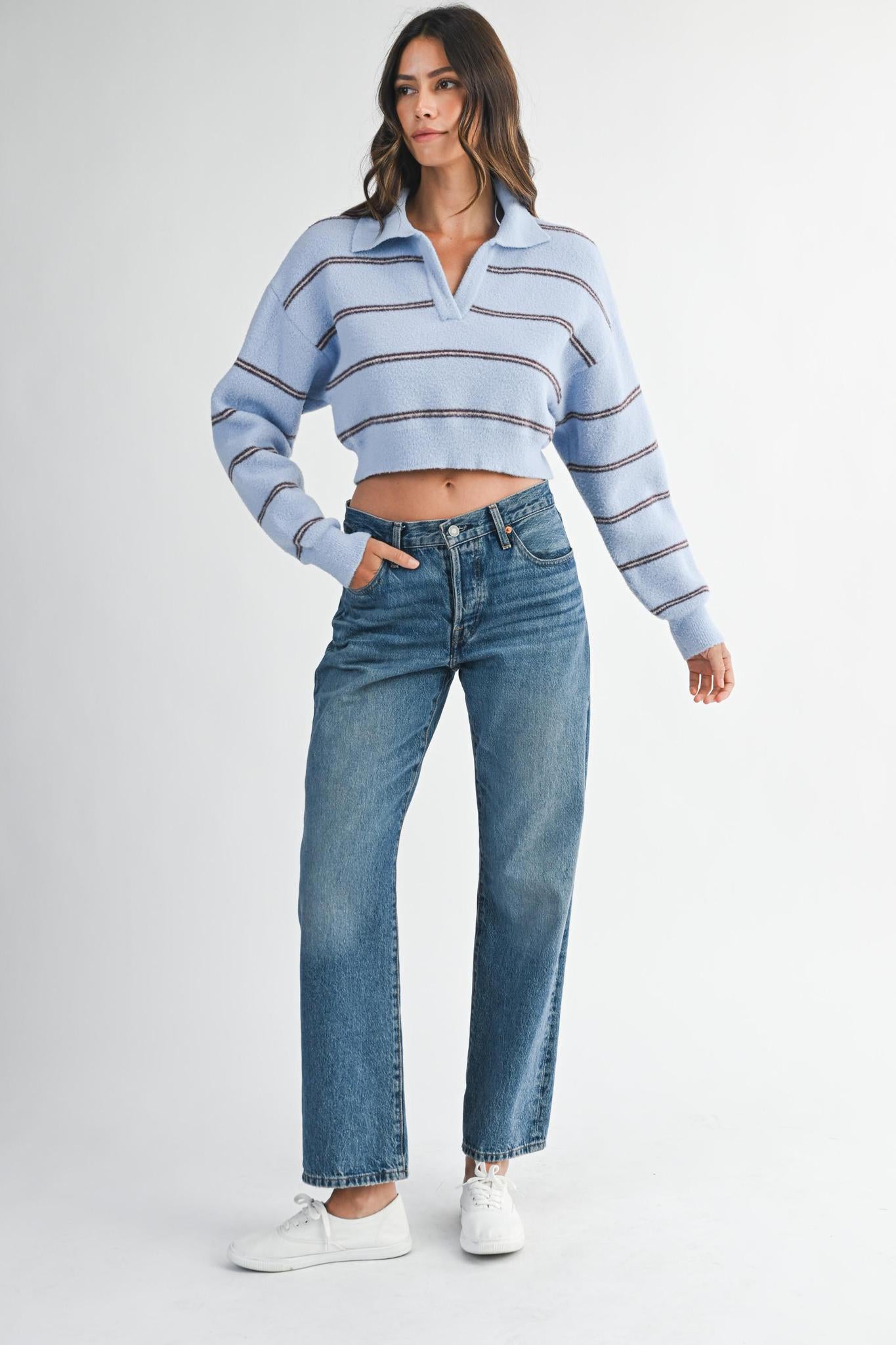 Collared Multi Color Stripe Cropped Knit Sweater
