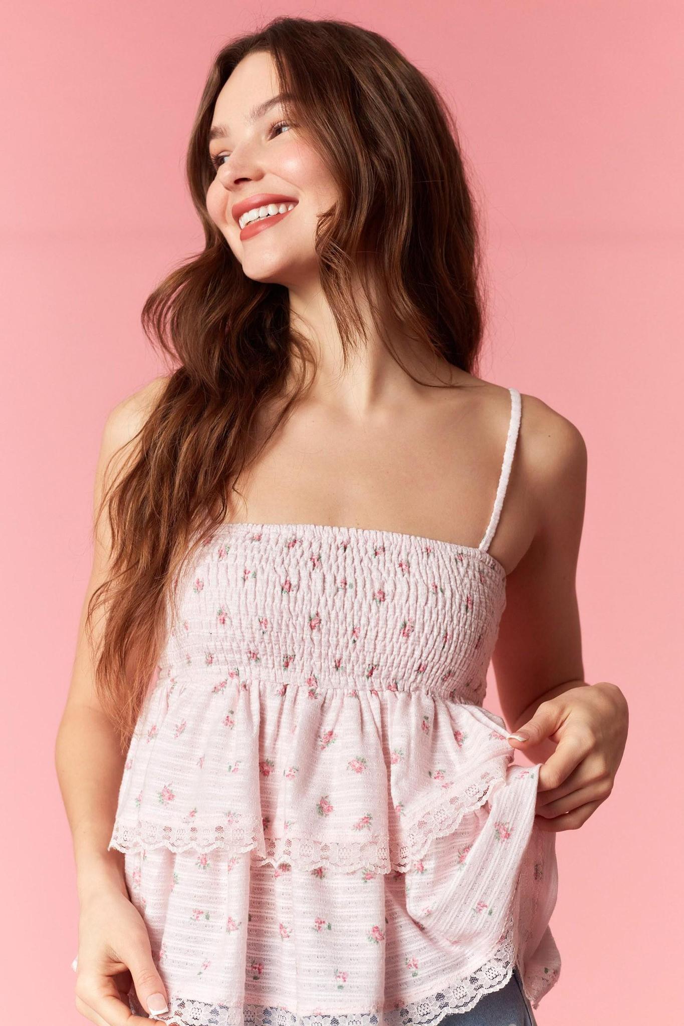 Ditsy Floral Print Scallop Lace Sleeveless Top