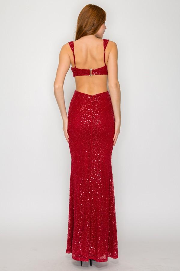 Red Beaded Sequin Cut-Out Maxi Dress