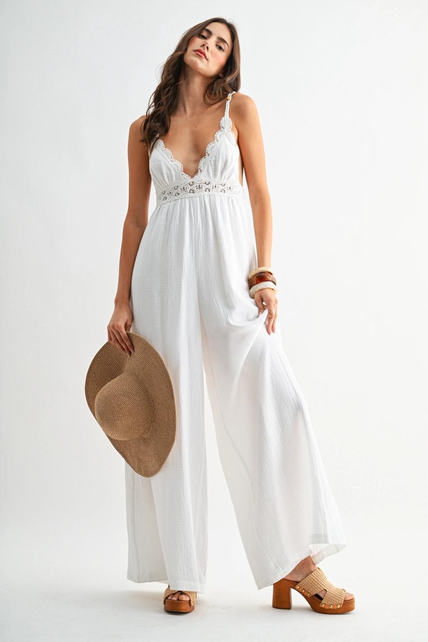 Wide Leg Jumpsuit with Crochet Lace