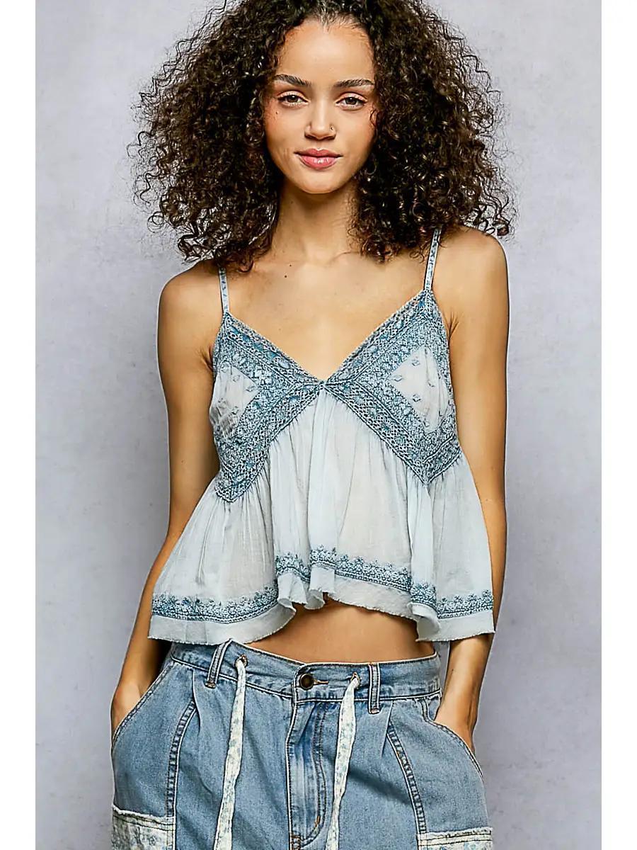 V-Neck Sleeveless Washing Effect Embroidered Woven Top