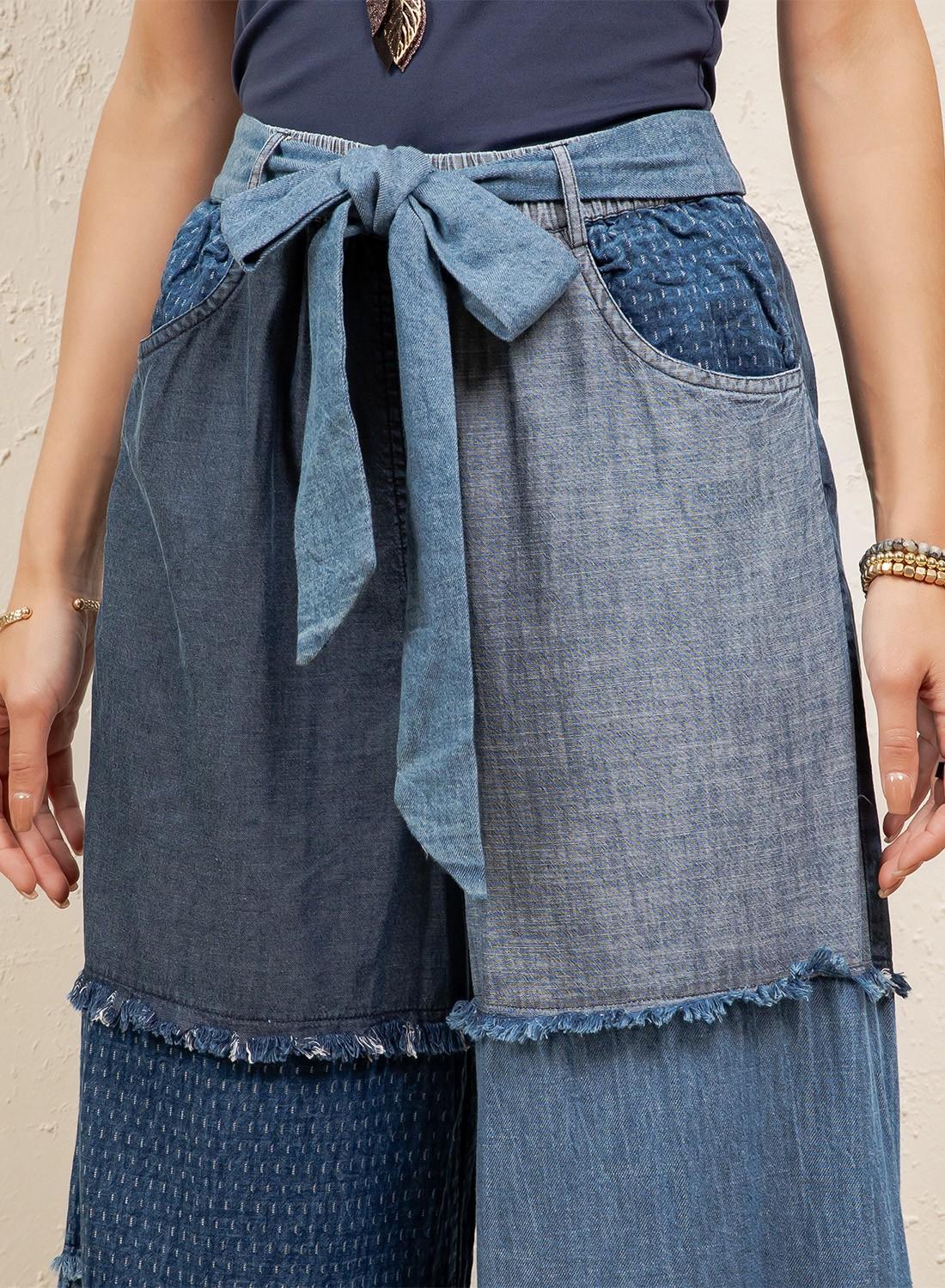 Boho Mixed-wash Multi-tier Denim Tie-waist Bell-bottom Pant