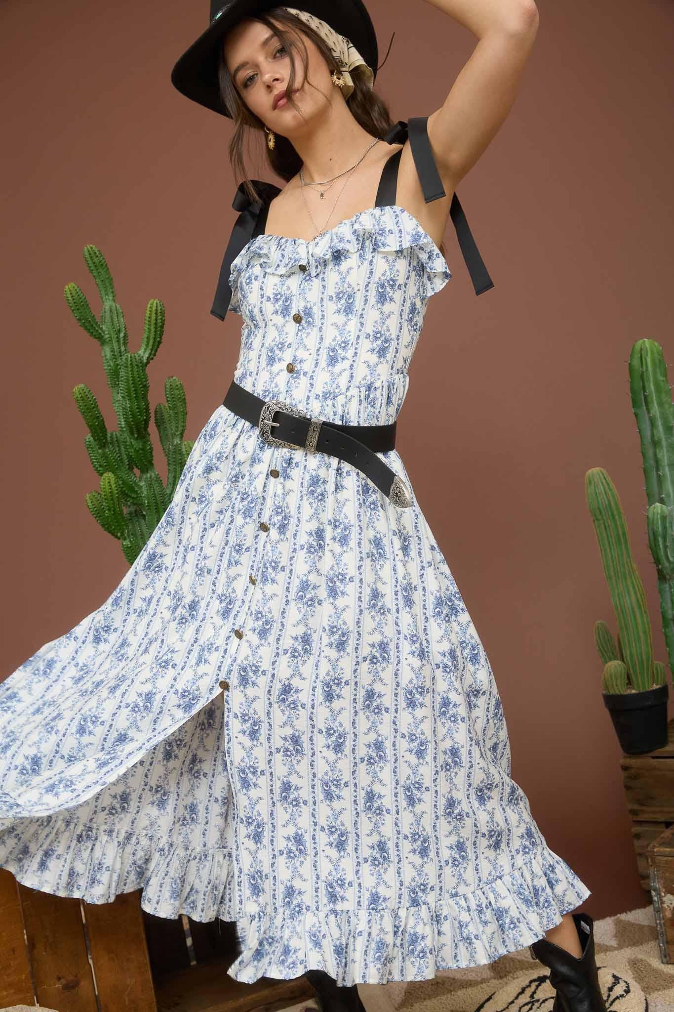 Blue Floral Striped Ruffle Midi Dress
