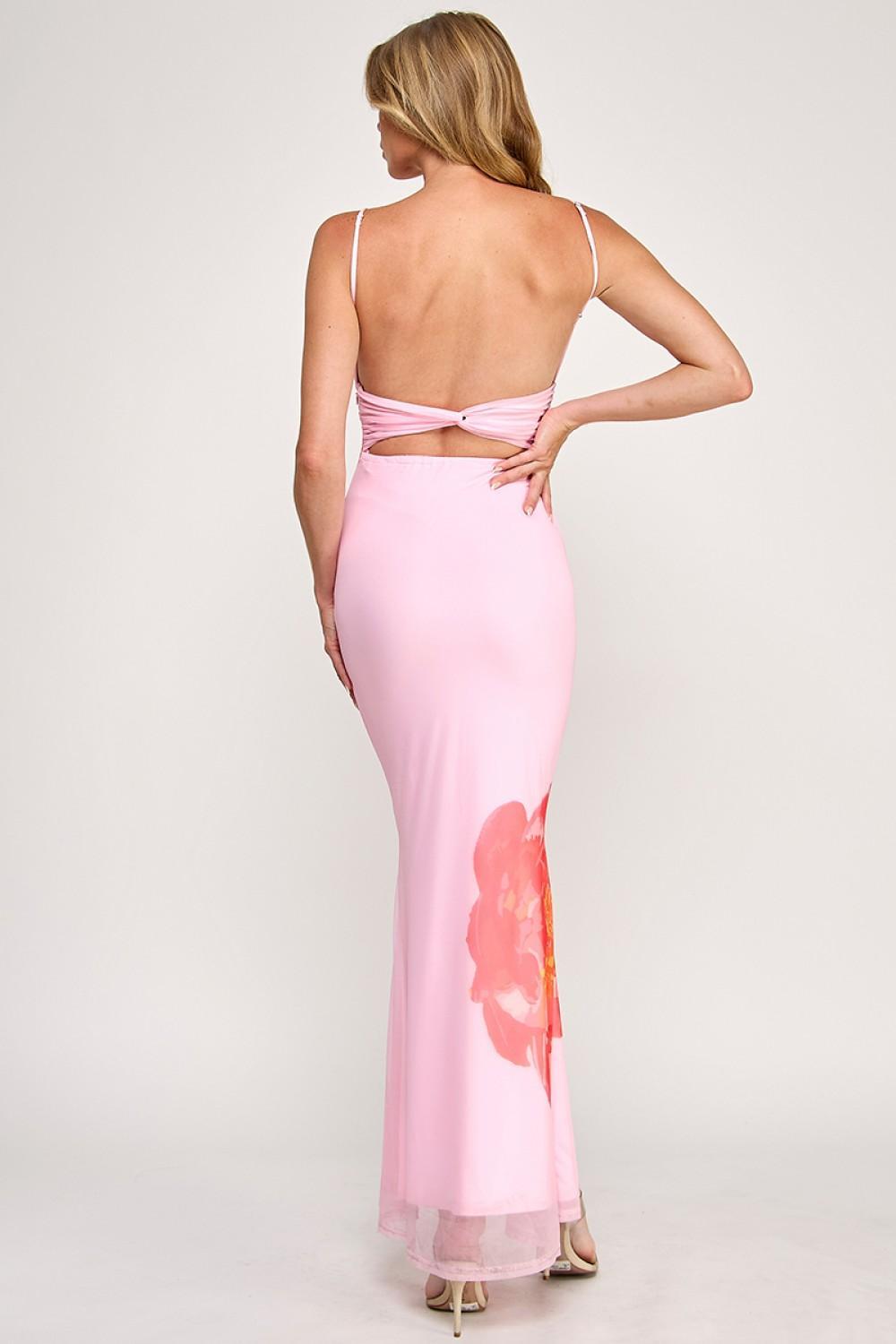 Pink Mesh Big Flower Maxi Dress