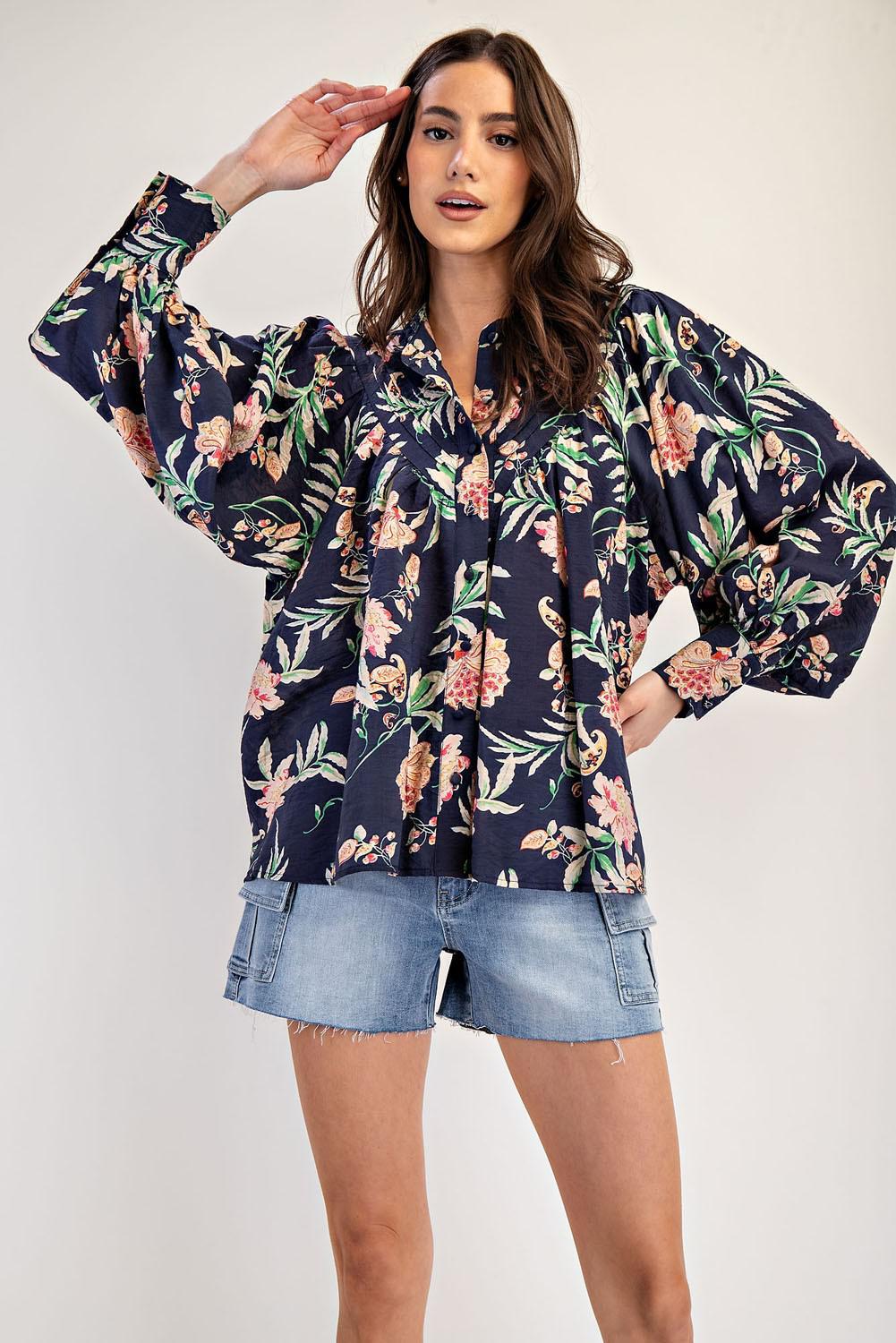 Blue Sapphire Pleated Long Sleeve Top