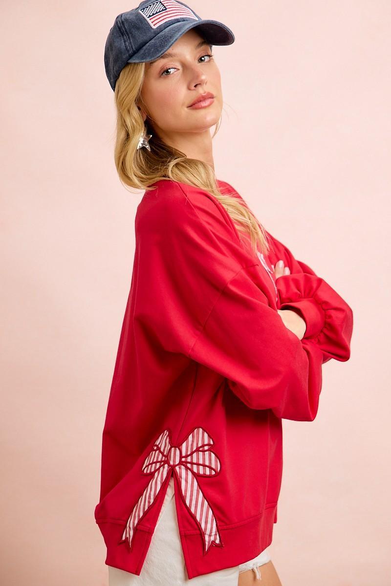 Red 4th of July Pattern Patch Bow Sides Sweatshirt