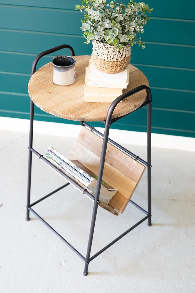 Wood And Rustic Metal Side Table W/ Magazine Rack