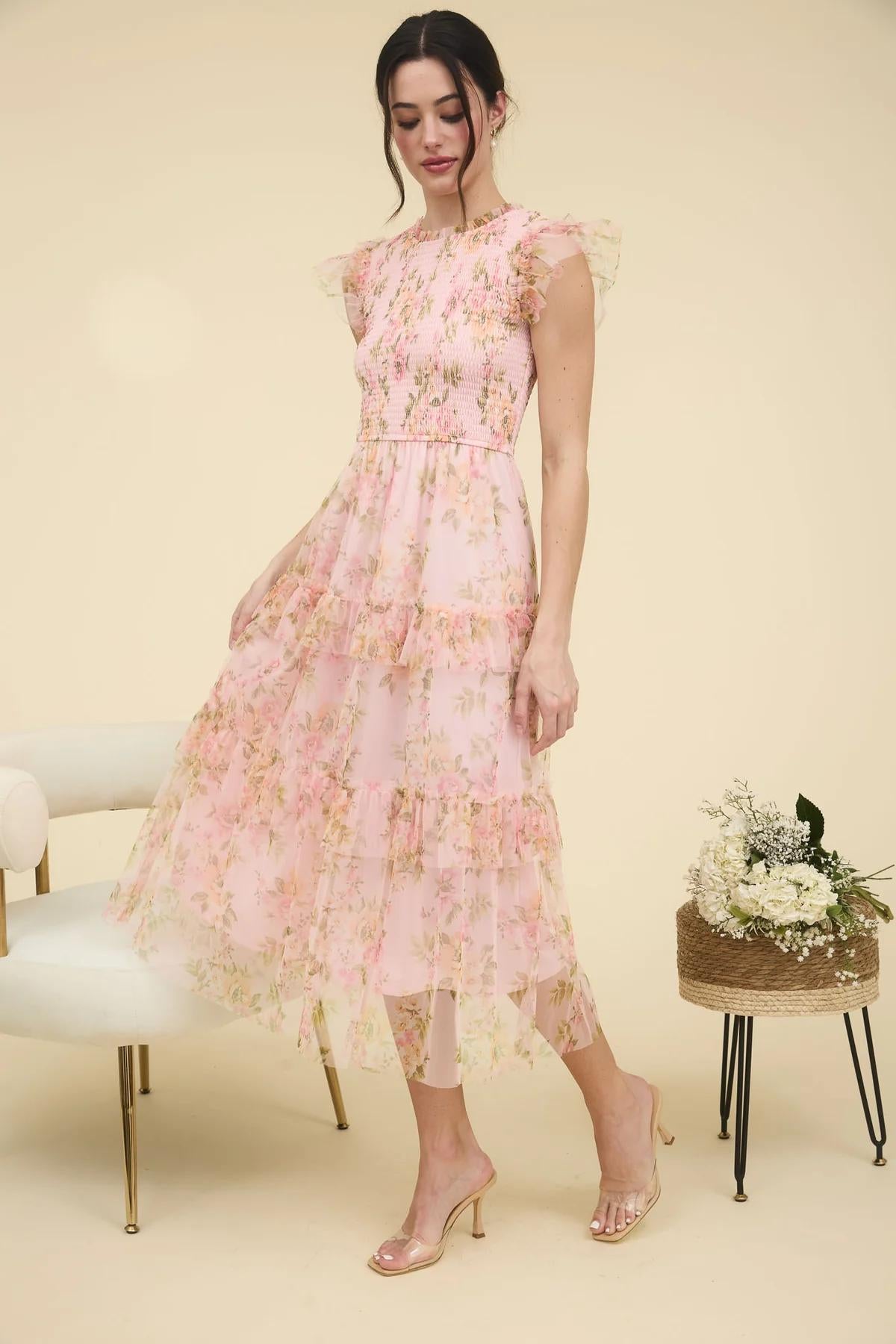 Pink Floral Smocked Ruffle Maxi Dress