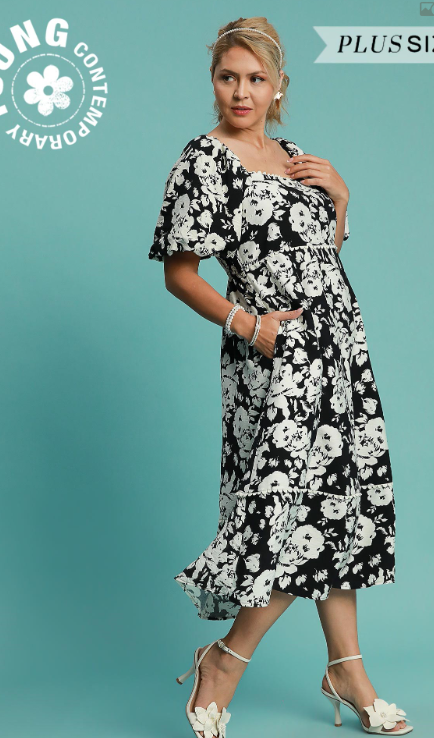 Plus Black Floral Print Midi Dress