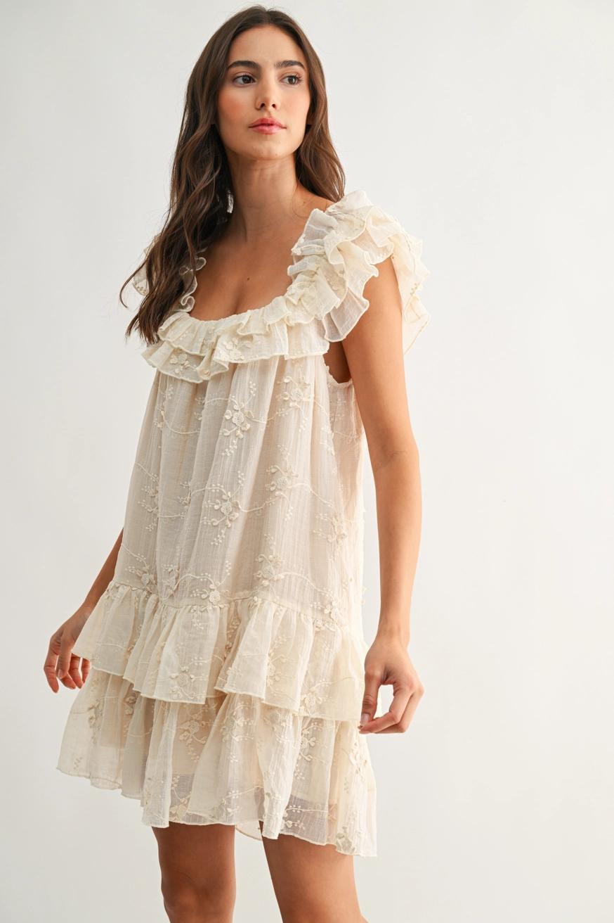 Ruffled Embroidered Tiered Dress in Cream