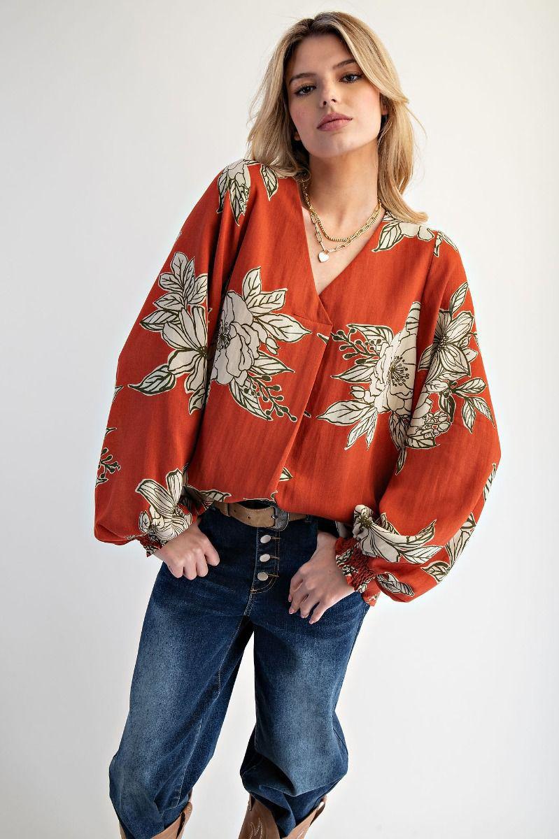 Rust Floral Printed V-Neck Blouse