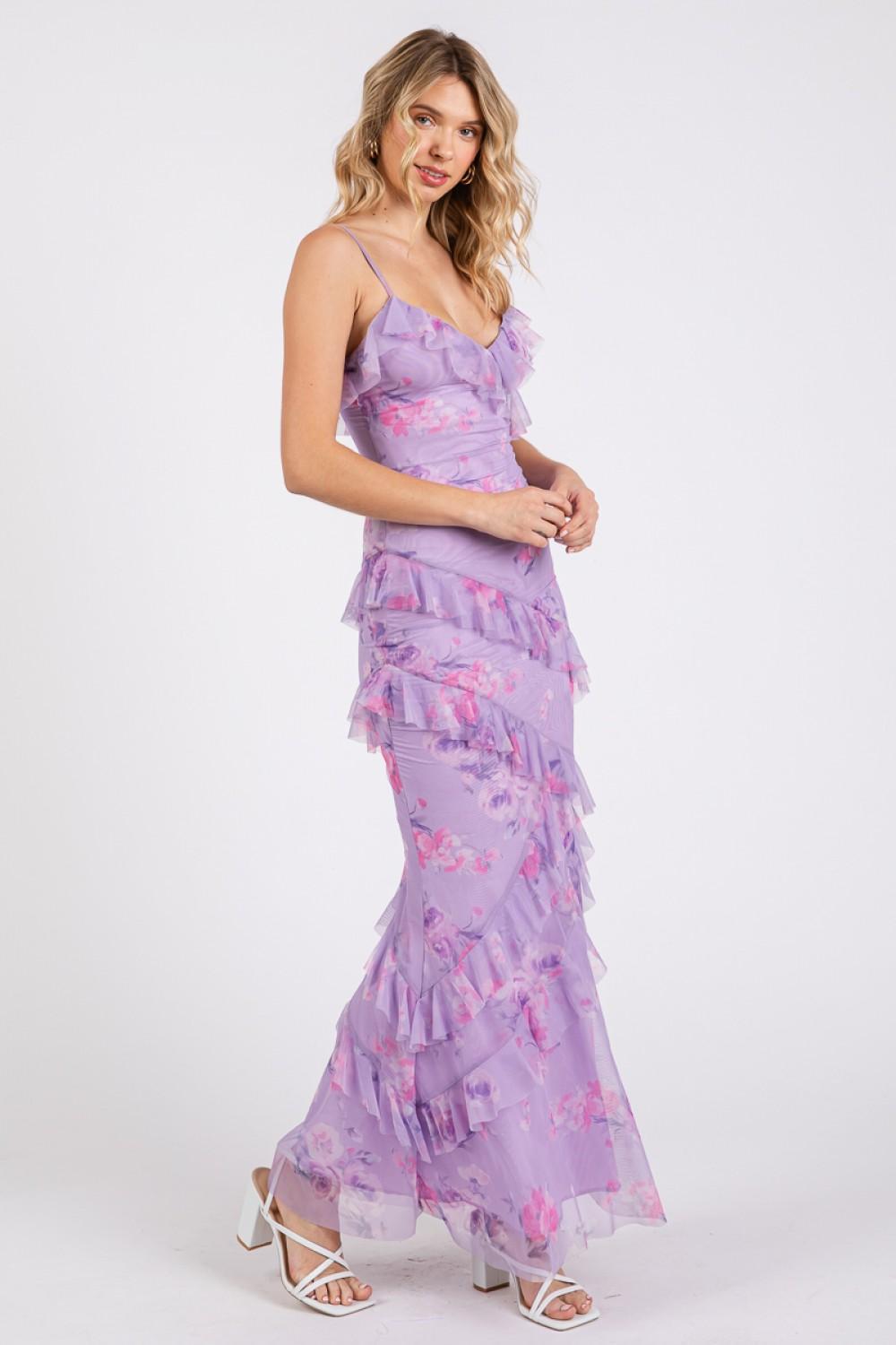 Lavender Mesh Floral Mermaid Ruffle Maxi Dress