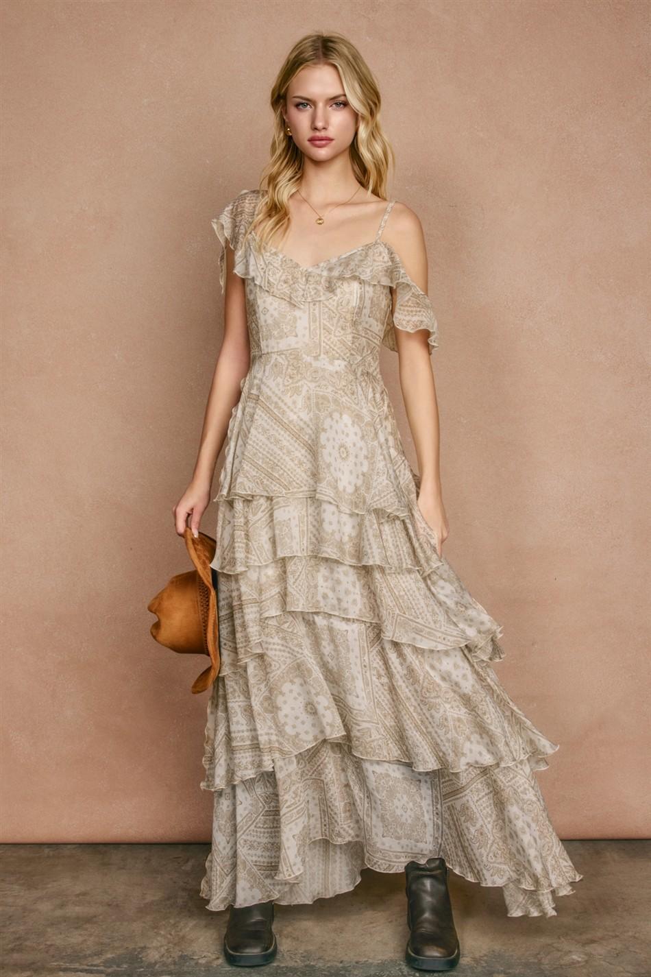 Faded Walnut Asymmetrical Flowy Tiered Maxi Dress