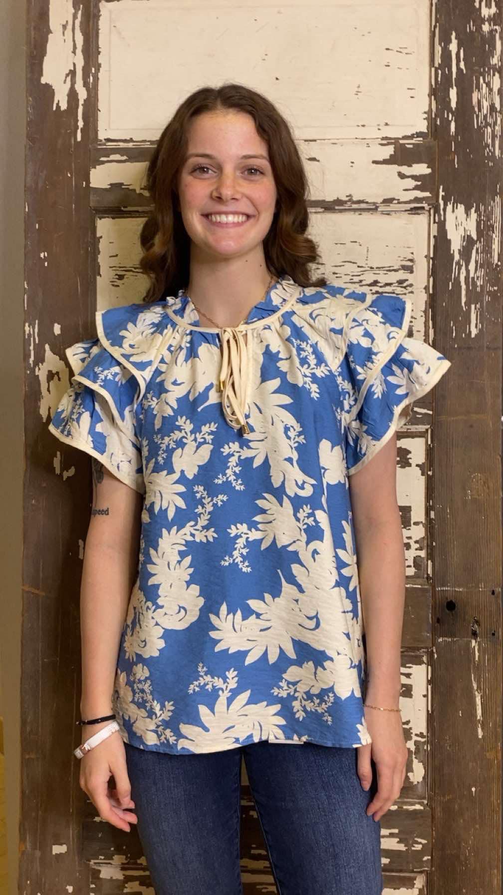 Blue Palm Puff Sleeve Blouse