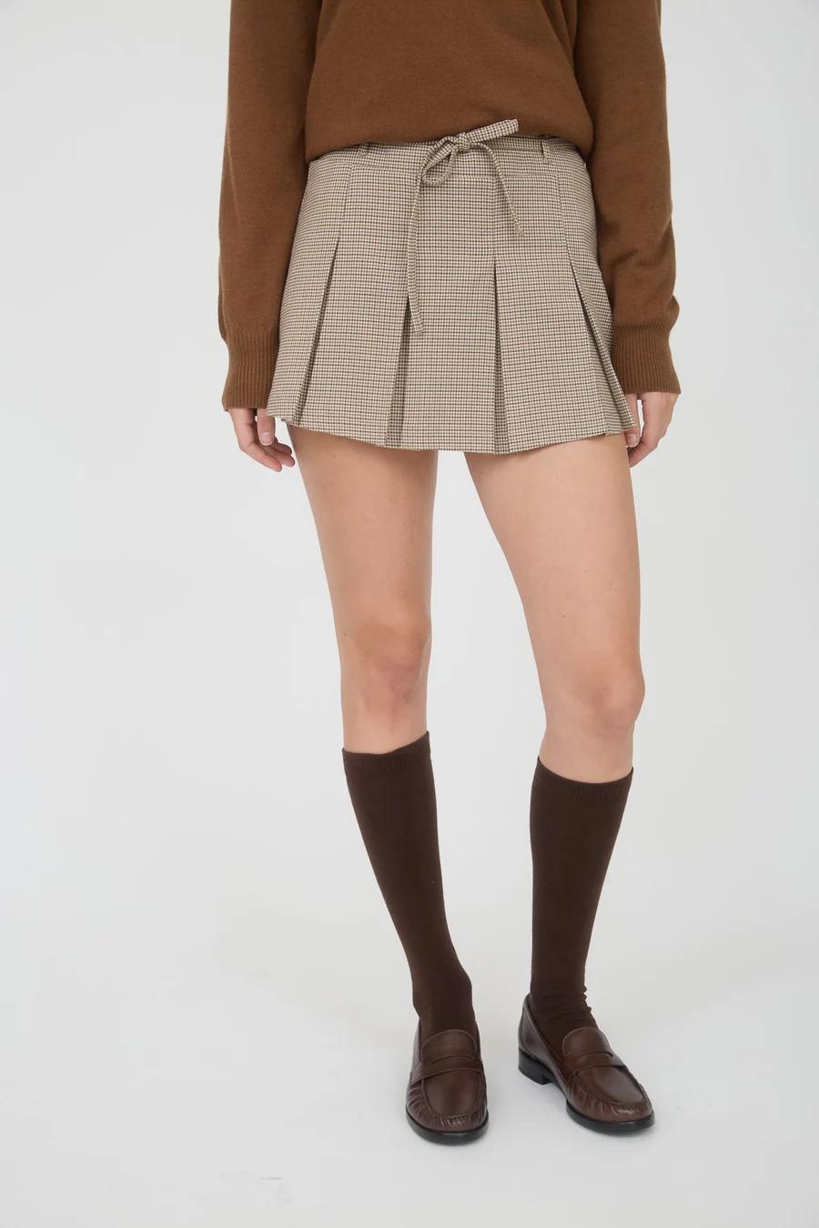 TAUPE PLAID WAIST TIE DETAIL PLEATED MINI SKIRT