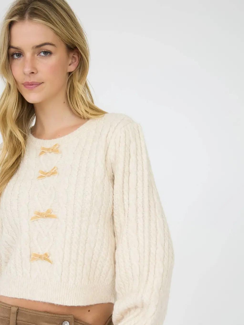 Cable Knit Velvet Bow Knit Sweater