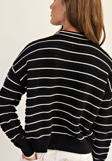 Black Textured Open Stitch Striped Knit Cardigan