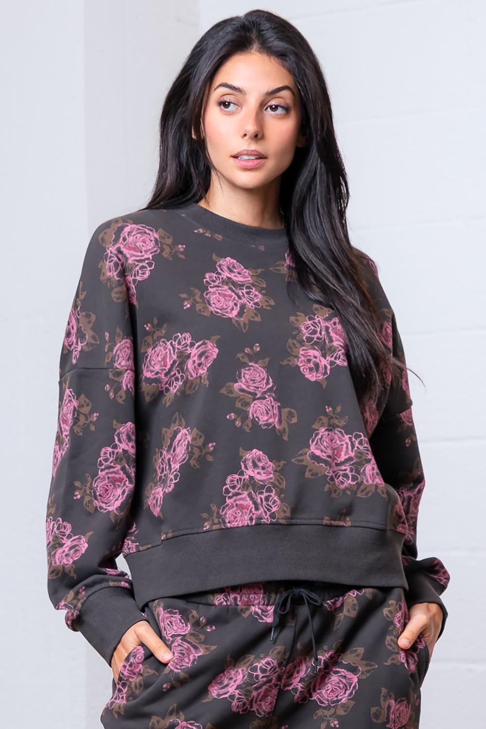 Crew Neck Flower Printed Sweatshirt