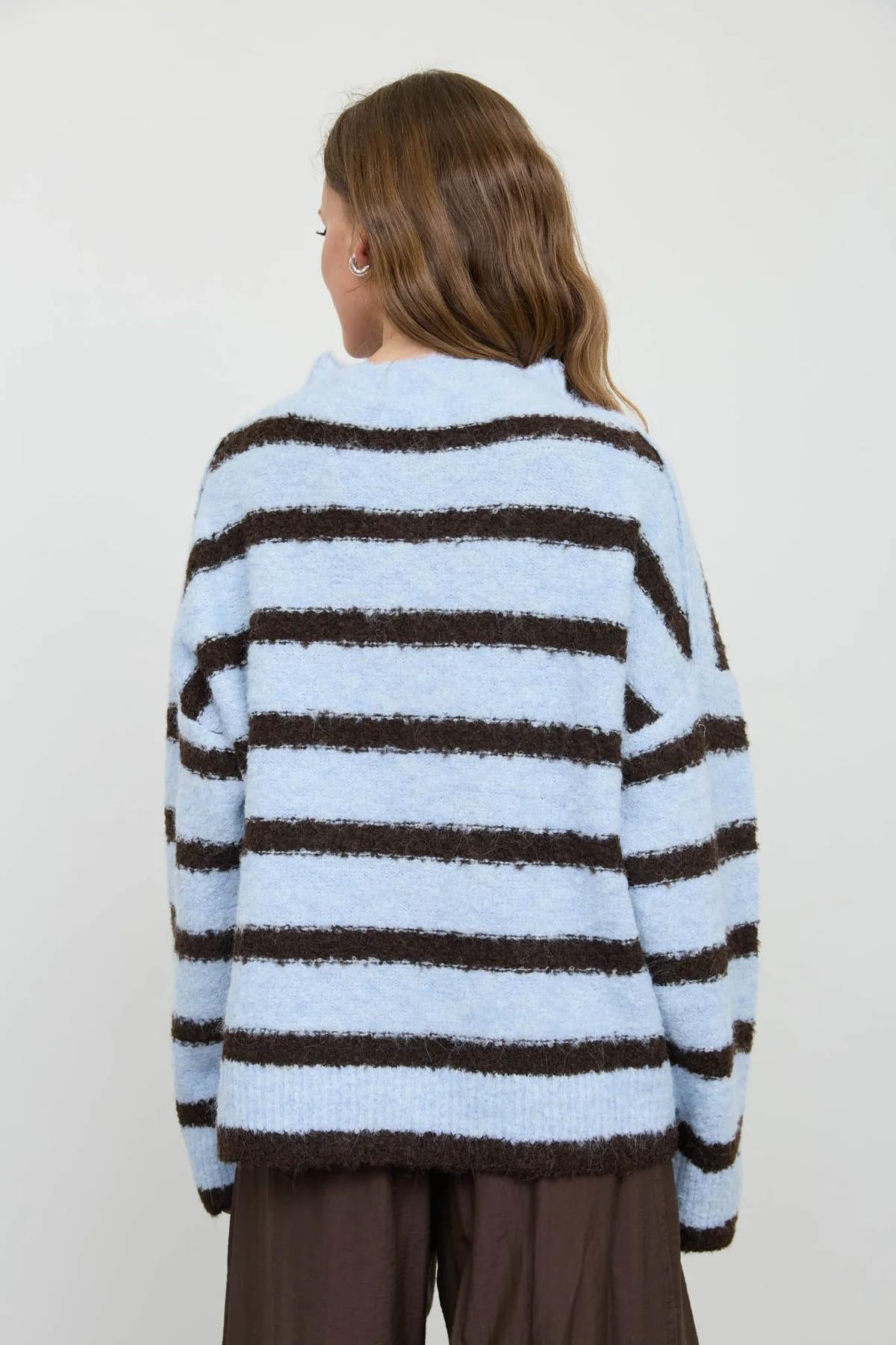 BLUE STRIPE MOCK NECK BUTTON DOWN FUZZY KNIT CARDIGAN