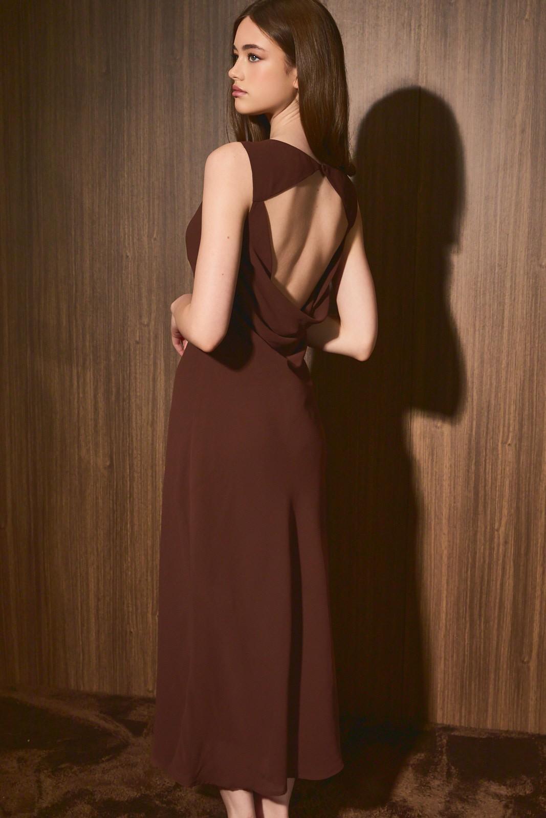 Brown Boat Neck Cowl Back Bias Midi Dress