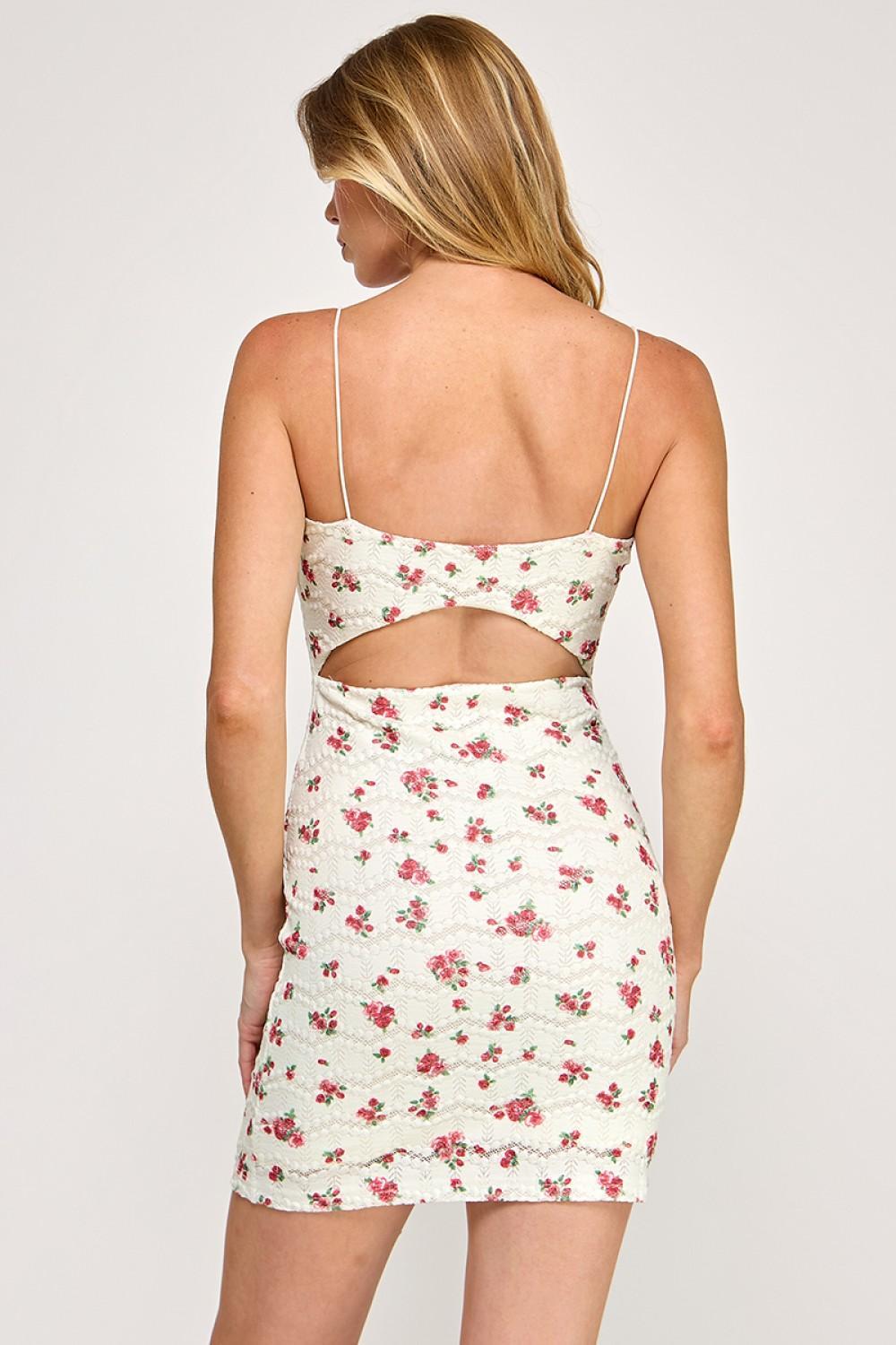 Stretch Lace Sleeveless Floral Backless Mini Dress