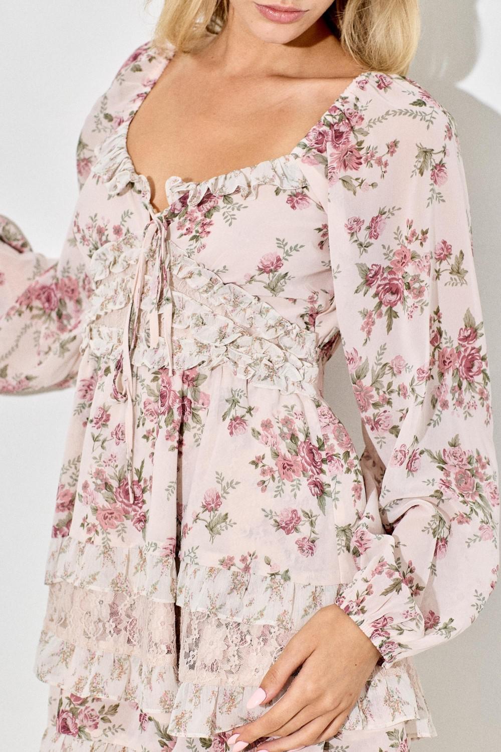 Romantic Floral Long Sleeve Ruffle Mini Dress