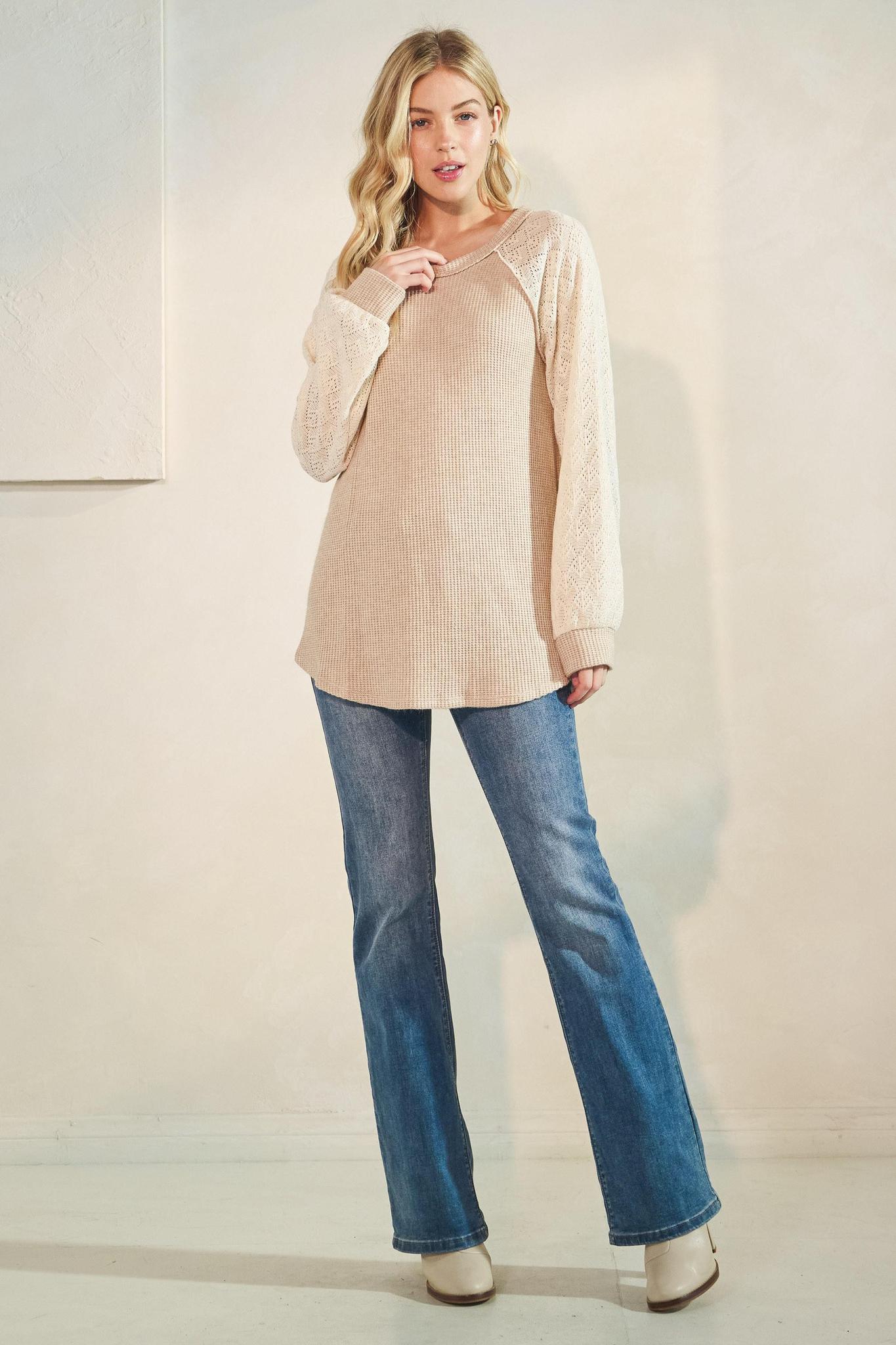 Oatmeal Puff Sleeve Solid Color Block Top