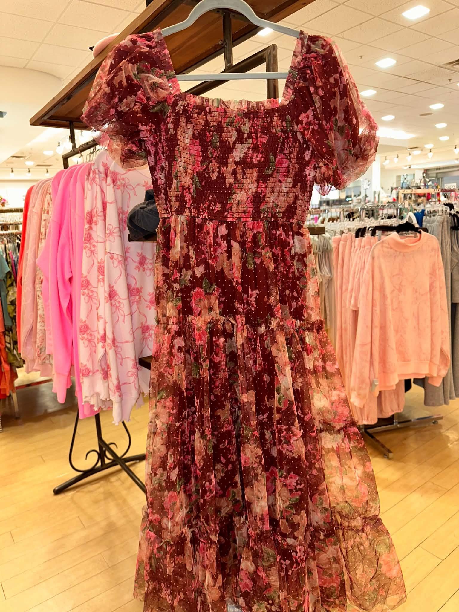 Burgundy Floral Polka Dot Tulle Puff Dress