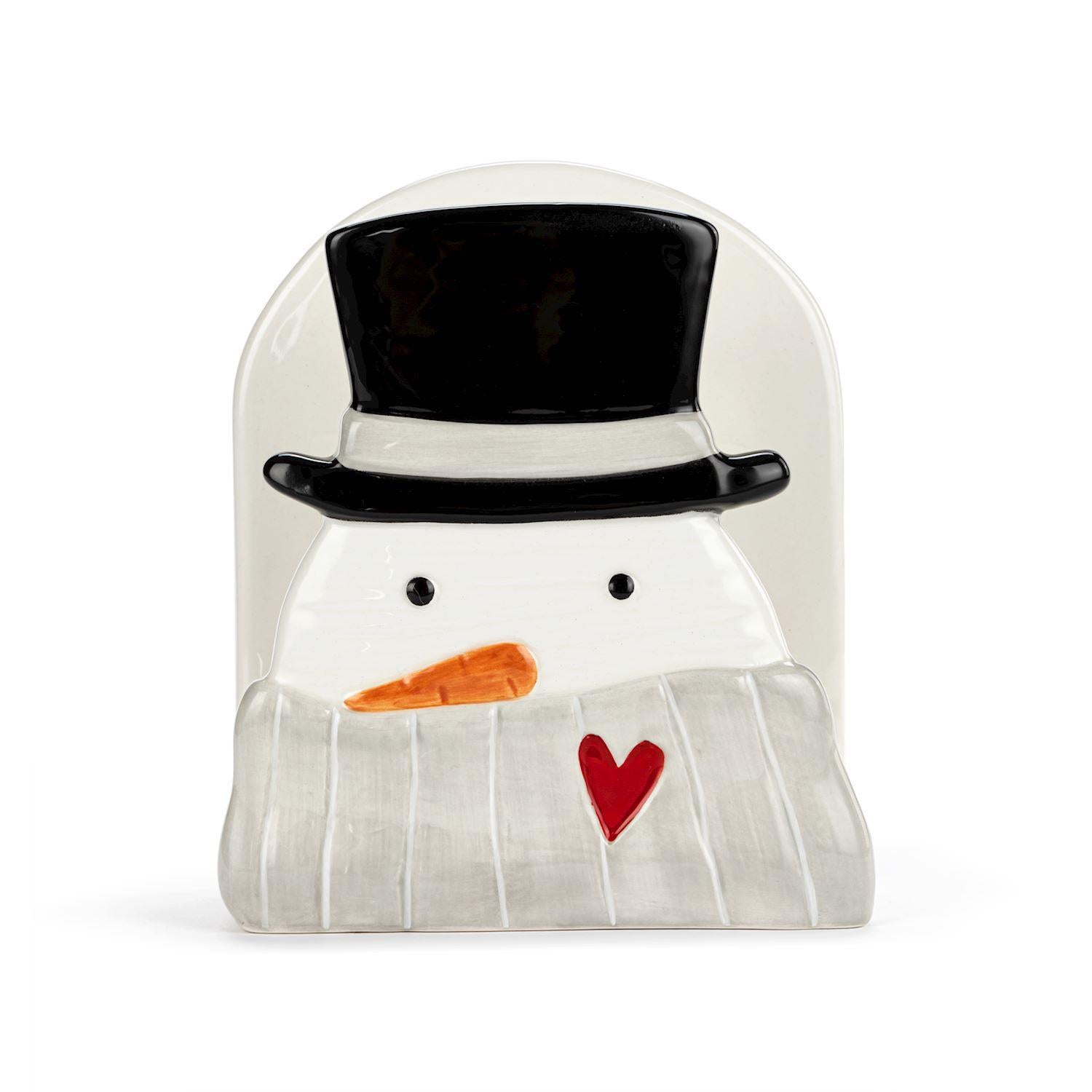 Snowman Red Heart Cream Ceramic Napkin Holder - 5x6in