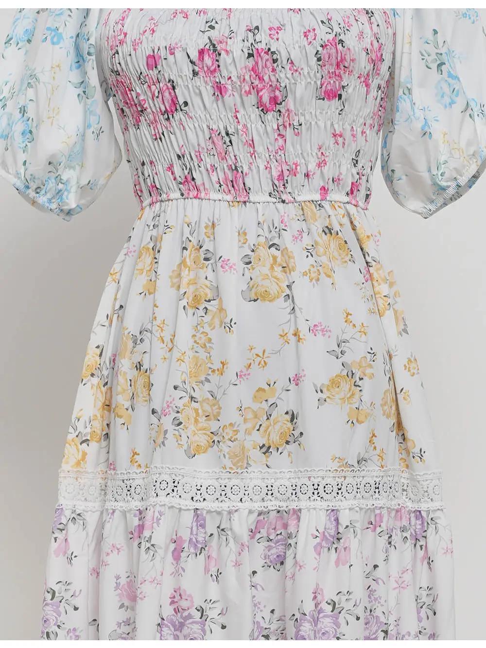 Boho Floral Print Square Neck Puff Sleeves Maxi Dress