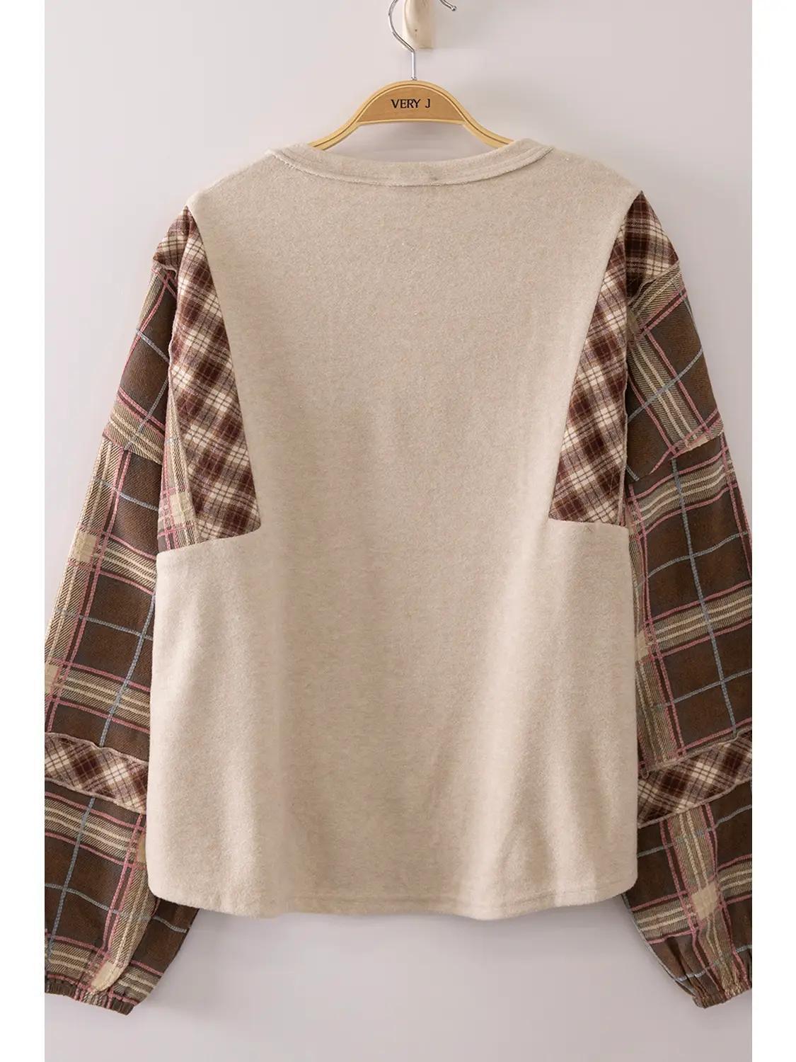 PLUS Size Contrast Plaid Sleeve Top