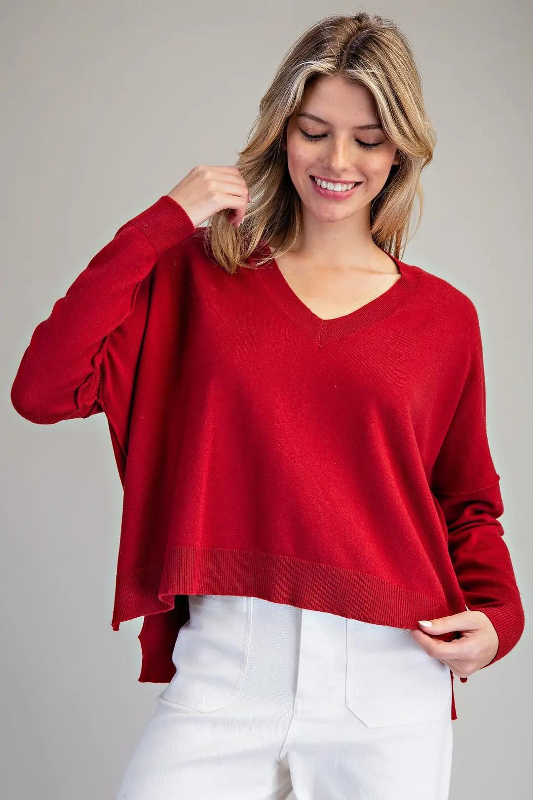Red Solid V-Neck Long Sleeve Sweater