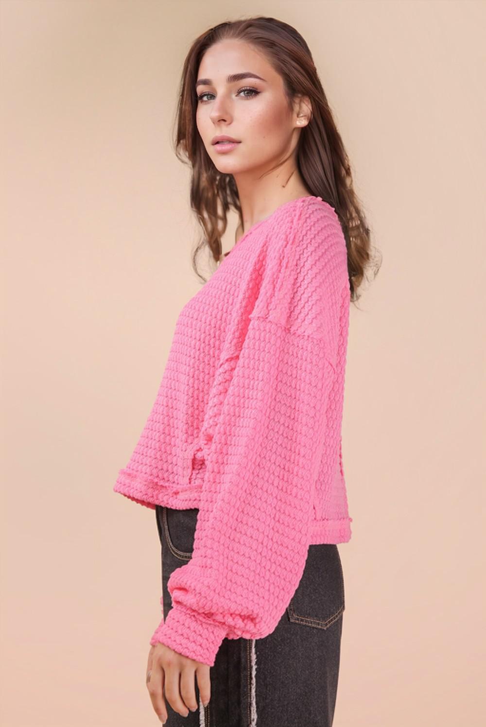Pink Oversized Waffle Solid Knit Casual Top