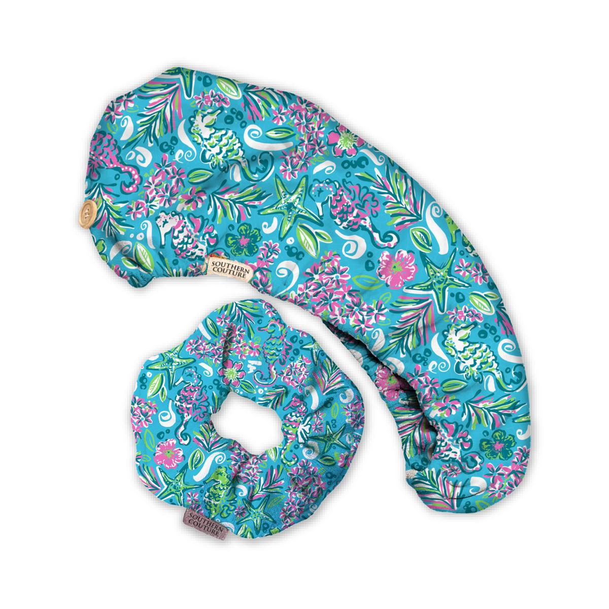 SC Hair Towel Wrap Scrunchie Set - Pattern Sea Horses