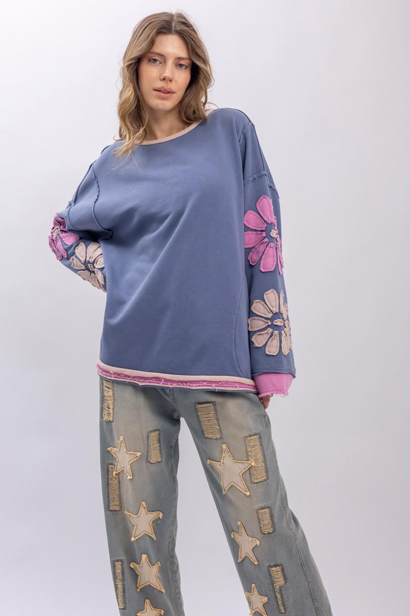 Flower Patch Long Sleeve Round Neck Top