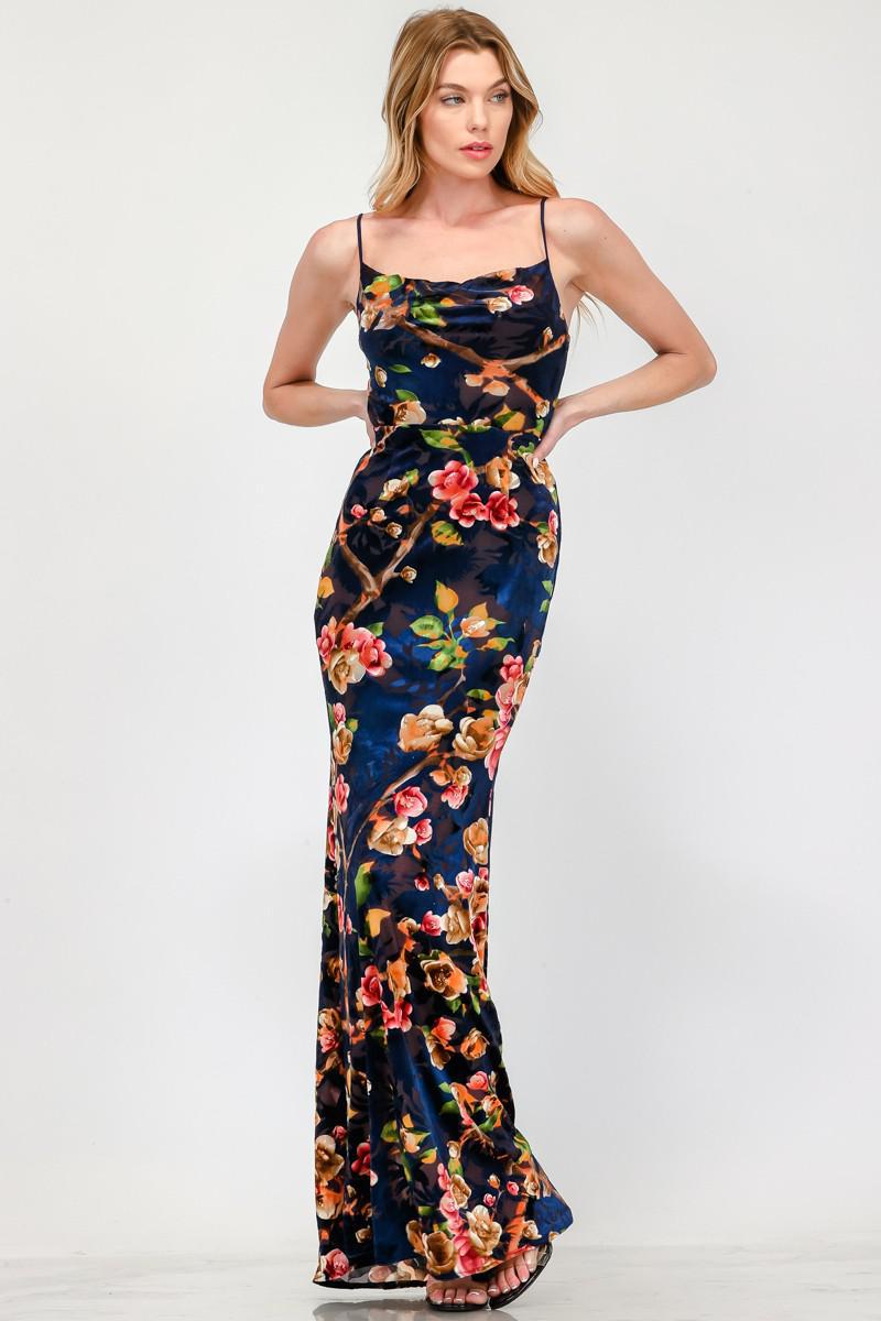 Sleeveless Floral Velvet Maxi Dress