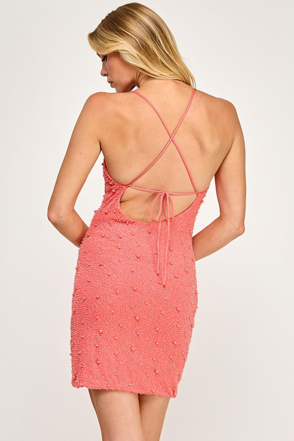 Amber Coral Pearl Bead Embellished Mini Dress