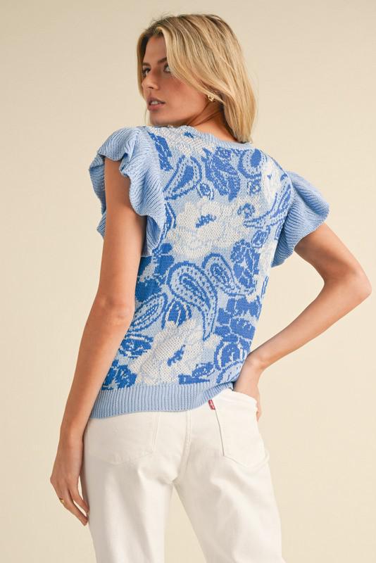 Jacquard Ruffly Shoulder Knit Top