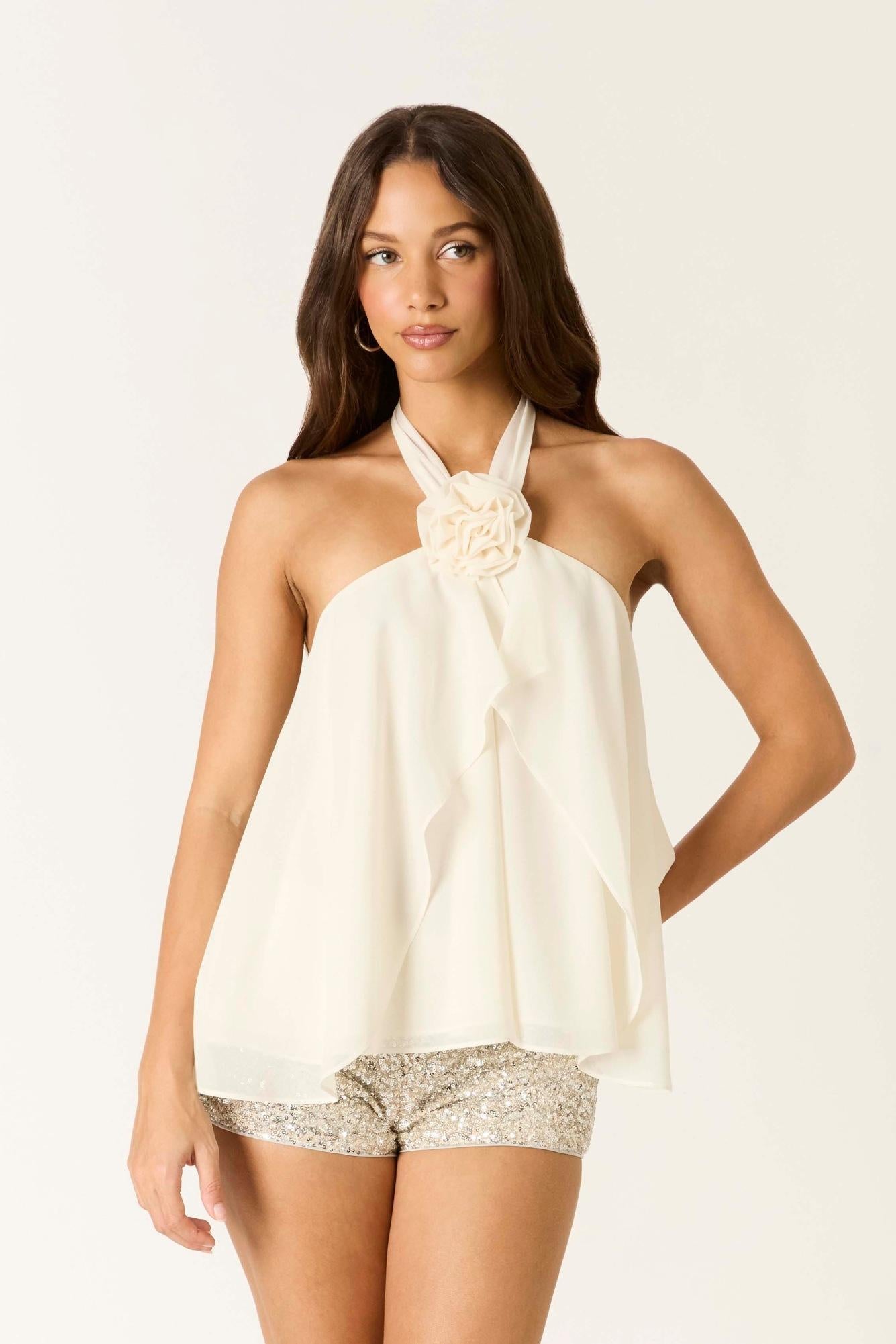 Halter Neck Top w/ Flower Detail