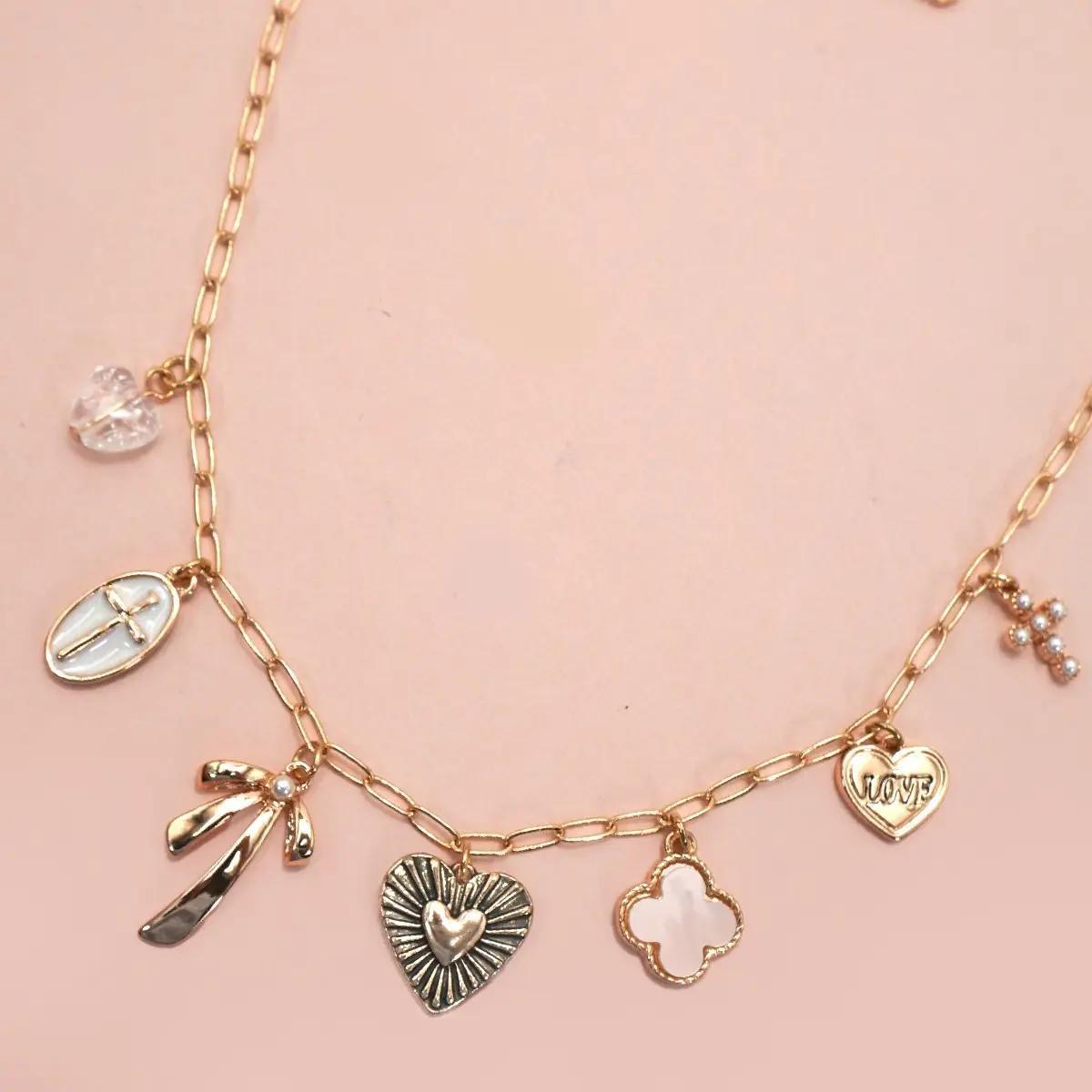 Charm Necklace-Clover Bow Cross Heart