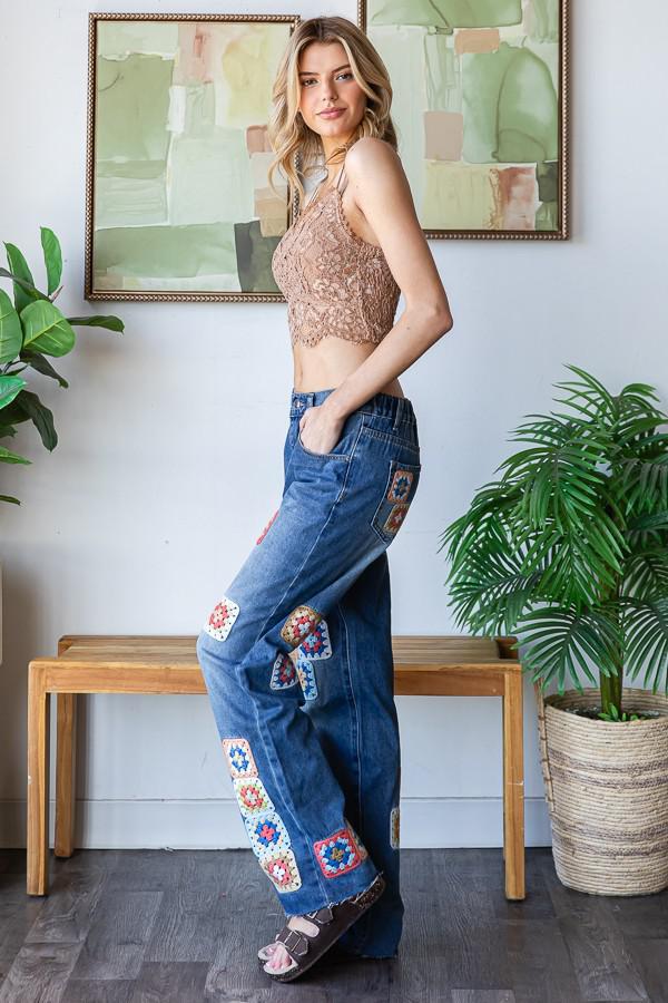 Square Crochet Patchwork Denim Jeans