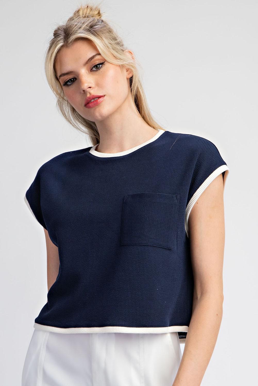 Two-Tone Round Neck Short Sleeve Top