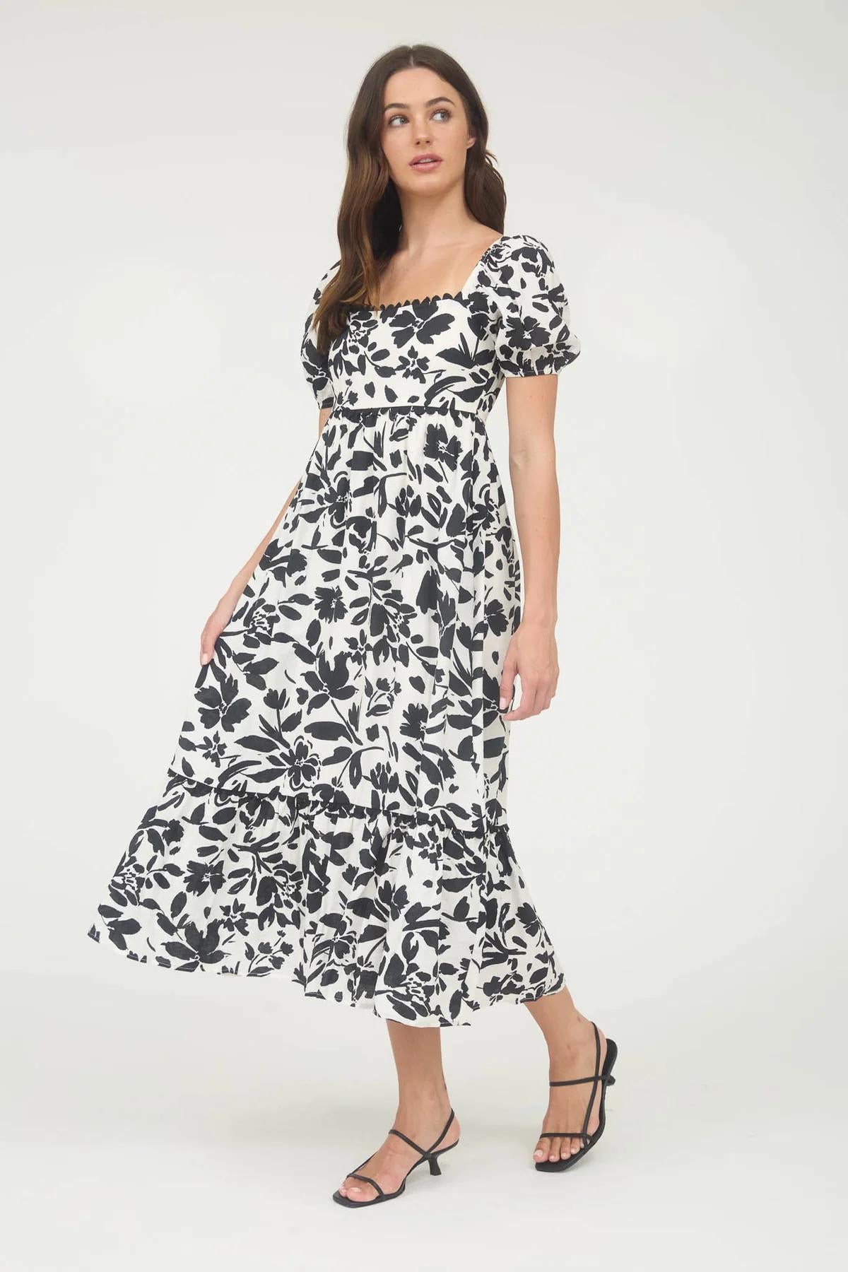 Black Floral Scallop Puff Midi Dress