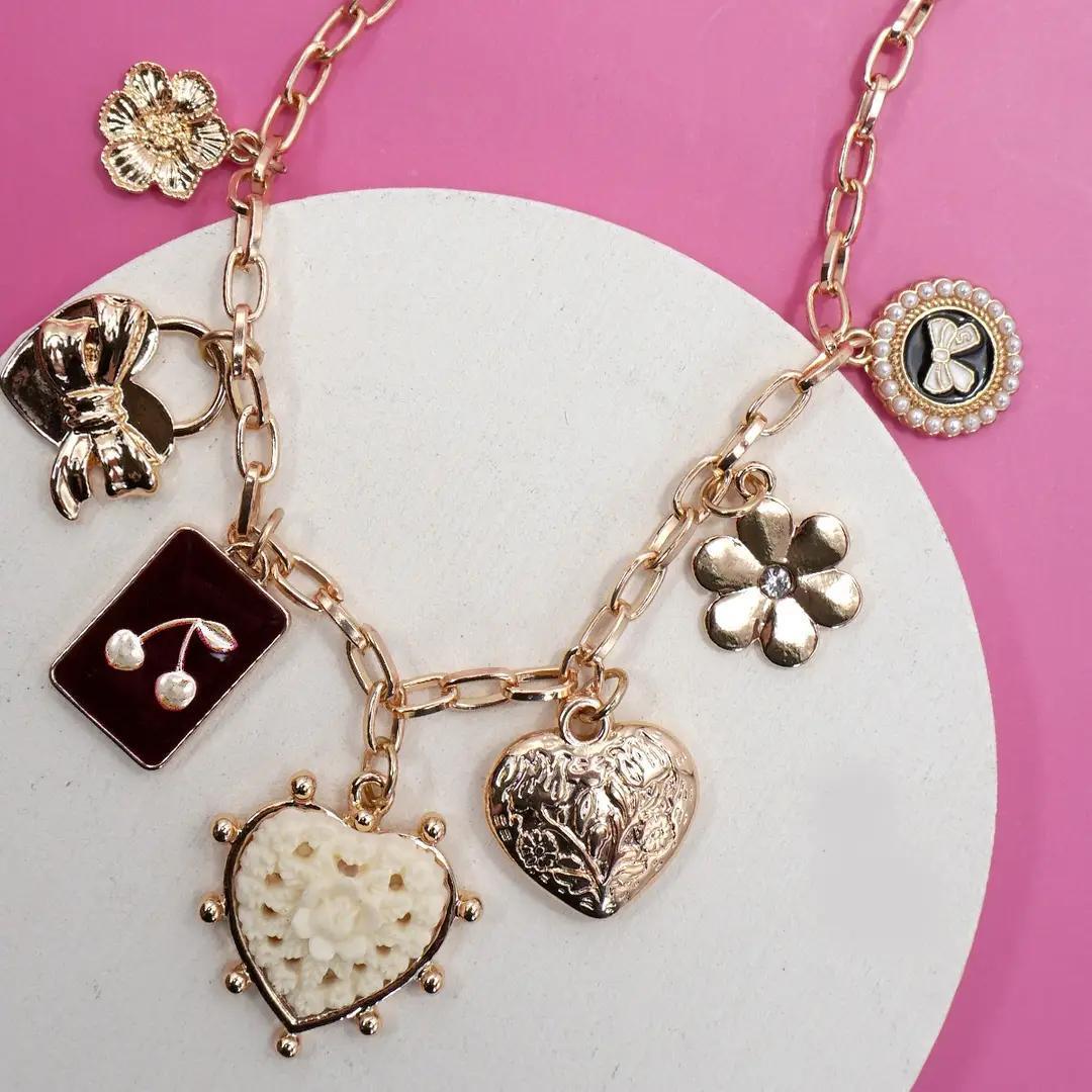 Charm Necklace-Bow Cherry Heart Flower