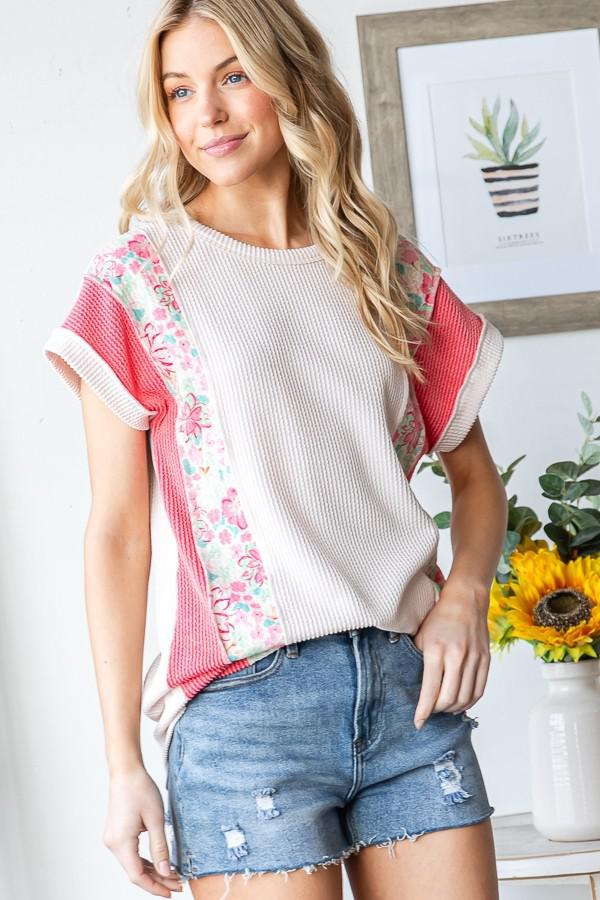 Short Sleeve Solid And Floral Top