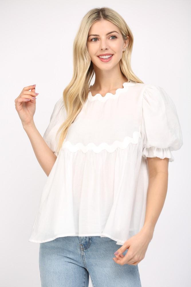 White Ric-Rac Trimmed Puffed Sleeves Top