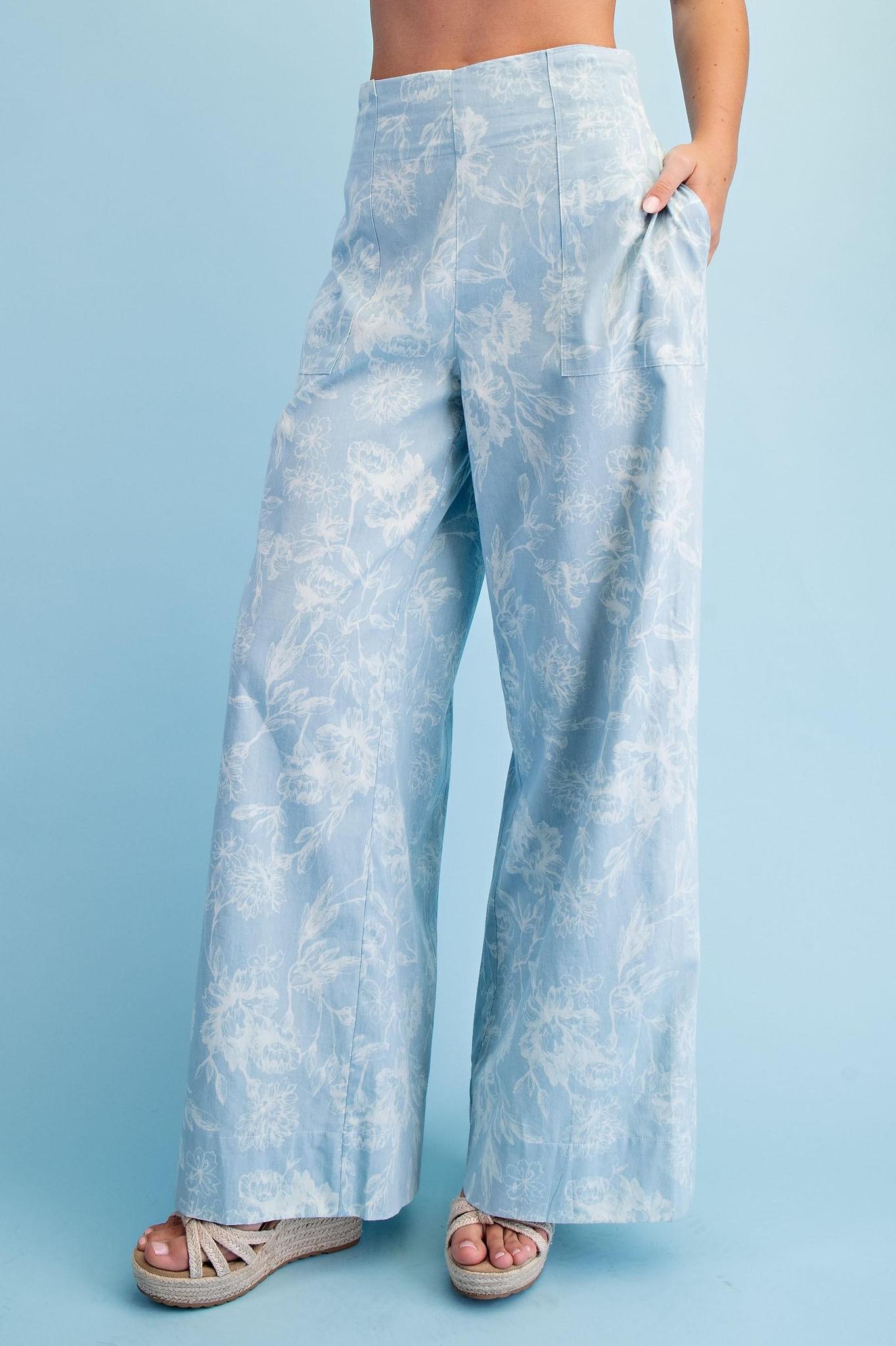 Light Denim Floral Print Wide Leg Pants